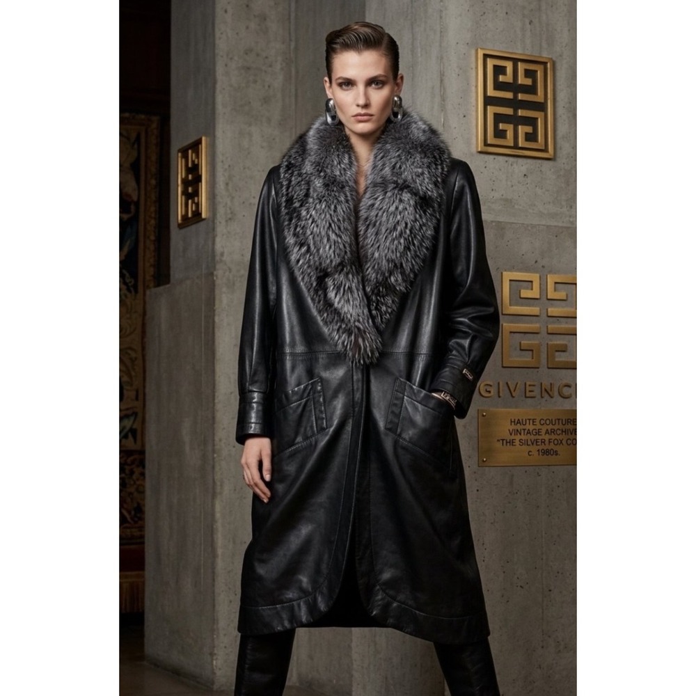 Givenchy Nouvelle Boutique Vintage 1980's Leather Silver Fox Fur Coat France 38